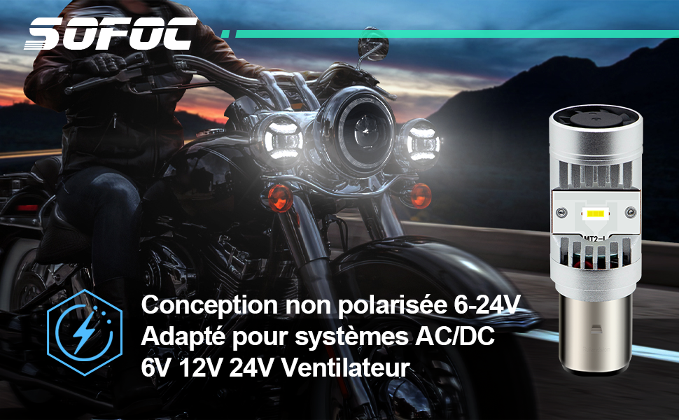 Le texte indique « SOFOG » et « Conception non polarisée 6-24V ». Adapté pour les systèmes de ventilation AC/DC 6 V 12 V 24 V. Montre une lumière LED ou un produit d'éclairage sur fond sombre avec un véhicule tout-terrain.