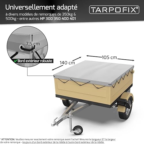 Tarpofix® Bâche protection plate 140 x 105 x 7,5 cm avec corde de bâche - Bâche de remorque renforcée en PVC - Bache pour remorque divers modèles de remorques de voitures de 350kg & 500kg FP DDR - Poukt
