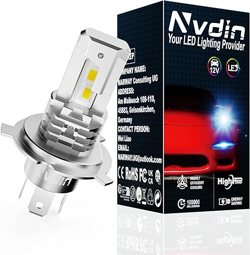 Nvdin ampoule h4 led, lampe de phare pour voiture et moto, feu universel 12v pour feux de route ou croisement, très compact et montage direct, sans ventilateur, 6000k blanc, paquet de 1 - Poukt