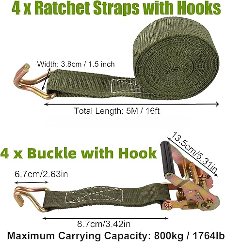 LDXDRU Lot de 4 sangles à cliquet avec crochets - 38 mm x 5 m - 800 kg - Très résistantes - Avec boucle à came - Pour moto, remorque, bagages - Poukt