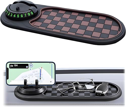 Tapis Antidérapant Multifonction pour Voiture, Support De Téléphone Universel Rotatif avec Numéro De Stationnement Temporaire Et Grand Coussin pour Téléphones (Gray Plaid+Silver Bracket) - Poukt