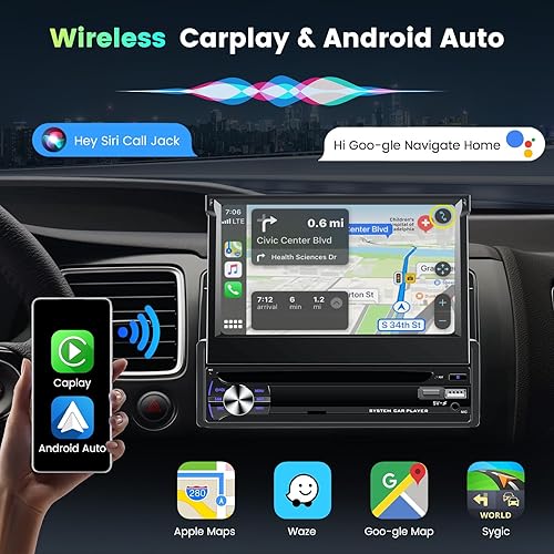 Fuluku Autoradio 1 Din 4+64G Android 15 avec Wireless Carplay Android Auto, Ecran Rétractable Manuel 7 Pouces avec Bluetooth/WiFi/FM/RDS/EQ/Mirror Link/GPS/Caméra de recul/MIC/SWC - Poukt