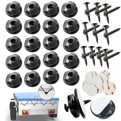 Lot de 20 fixations de bâche, boutons ronds avec vis autotaraudeuses et têtes de bâche, crochets en plastique, crochets de fixation pour bâches de remorque et filets de remorque - Poukt
