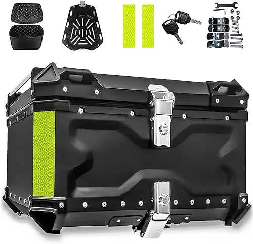 Top Case Moto, Coffre de Moto Universel, Top Case Motos en Aluminium étanche, avec Serrure de Sécurité et Plaque de Base, Double clé, Autocollant Réfléchissant, pour Casque Bagages (Argenté, 65L) - Poukt