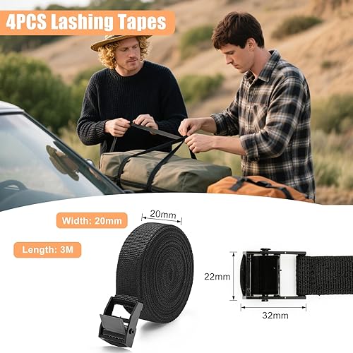 Cozary 4 Pièces Sangles d'arrimage 3M, Sangle de Serrage Largeur 20MM, Sangle Arrimage avec Boucle, Sangle Valise Voyage à Charge Maximale 250KG, Sangle Moto Remorque - Poukt