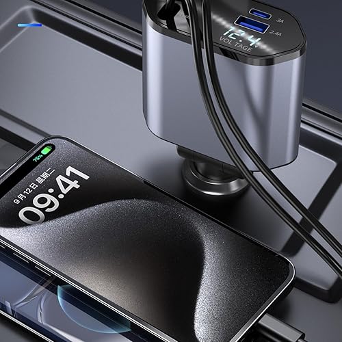Chargeur de voiture rétractable - Chargeur de téléphone rétractable pour voiture, chargeur de voiture rétractable de 120 W avec câble de charge double type C | Chargeur de voiture pour téléphone - Poukt