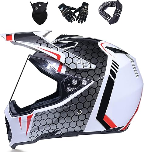 VOMI Casque de Motocross Set Adultes Casque BMX Unisexe avec Gants, Masque et Serrure de Casque, 4 Pièces, Casques Moto Cross Enfants avec Visière, Casque VTT pour Quad Enduro Scooter - Poukt