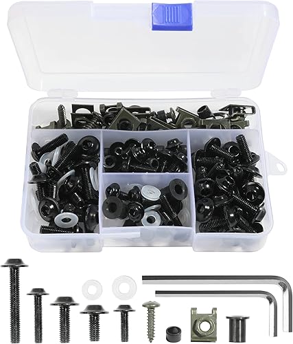 Flaconi 177PCS Boulons de Carénage de Moto,Vis de Pare-Brise de Moto,Boulons de Carénage, Vis de Carénage de Moto,Kit de Boulons de Carénage,pour Les Sports Motorisés Et La Course de Moto (Noir) - Poukt
