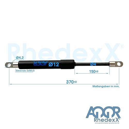 RhedexX® Vérin à gaz avec œil articulé 370 mm/150 mm/80 N – Longueur 370 mm, course 150 mm – Vérin à gaz avec prise oculaire M3,5 (80 N) - Poukt