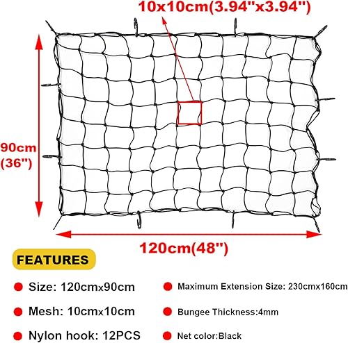 AUTOXBERT Filet de coffre de voiture - 180 x 130 cm - S'étend à 350 x 240 cm - Avec 14 crochets ABS - Filet de rangement pour toit de voiture, coffre, camion, remorque, SUV, caravane - Poukt