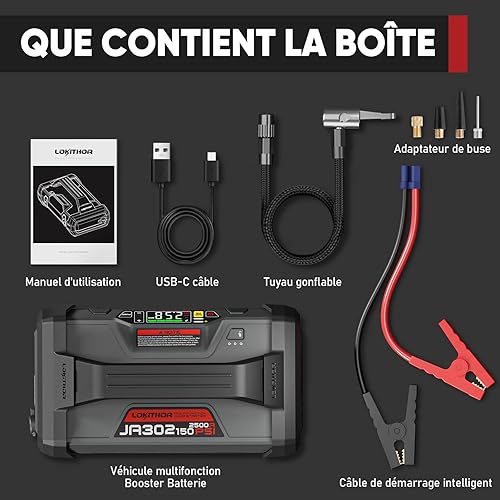 LOKITHOR JA302 Booster Batterie Voiture 2500A avec 150 PSI Compresseurs d'air 12V Démarreurs de Batterie au Lithium (pour Jusqu'à 8.5L Gas ou 6.5L Gazole) Jump Starter avec Lampe LED,36 Mois en Veille - Poukt