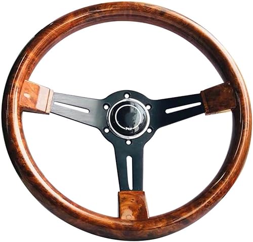 Volant en Bois de 350 mm Universel à 6 Boulons - Poignée en Noyer à 3 Rayons pour Voiture - 14 Pouces de Course Rétro avec Kit de Bouton de Klaxon - Poukt
