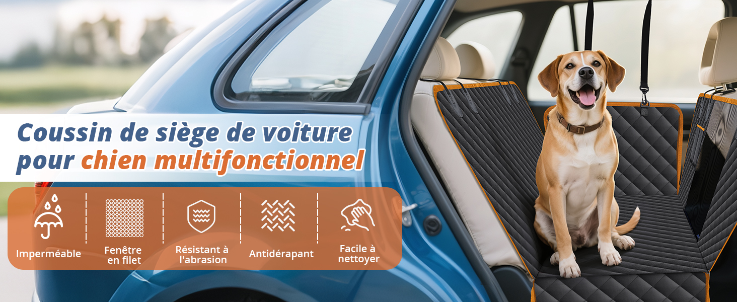 Le texte se lit comme suit : « Coussin de siège de voiture pour chien multifonctionnel ». L'image montre un siège auto avec housse de protection et un chien assis sur la banquette arrière.