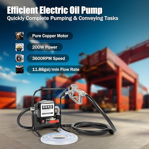 MDAfwecsa Pompe à Vidange d'Huile 200W 220V - Débit Élevé (11.88 Gal/Min), Mesure Précise (±1%), Flexible et Portable - Tête en Fonte, Carcasse en Acier, Tuyaux Anti-Statiques - Poukt