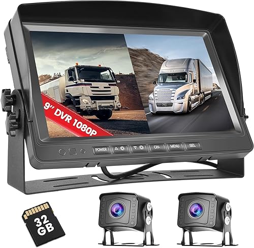 Caméra de recul Double avec 9''Écran d'enregistrement 1080P, Carte TF 32G, Affichage de la Caméra de recul, 2 Écrans Divisés, Vision Nocturne, Etanche IP69, Camera de recul pour Camion RV Campers Van - Poukt