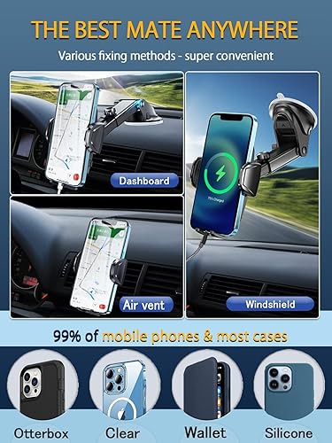 Josnown Support Telephone Voiture, Universel 3 en 1 Porte Telephone Voiture Ventouse pour Tableau de Bord & Pare-Brise & Ventilateur, Super Stable Telephone Voiture pour 3.7-7' Smartphones - Poukt
