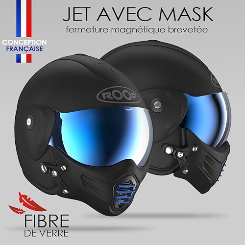 Casque Moto Jet Haut De Gamme ROOF Roadster en Fibre De Verre avec Mentonnière Amovible Magnétique Écran Iridium Inclus– Couleur Iron Noir Mat/Bleu - Offre Directe Usine - Garantie 4 Ans - Poukt