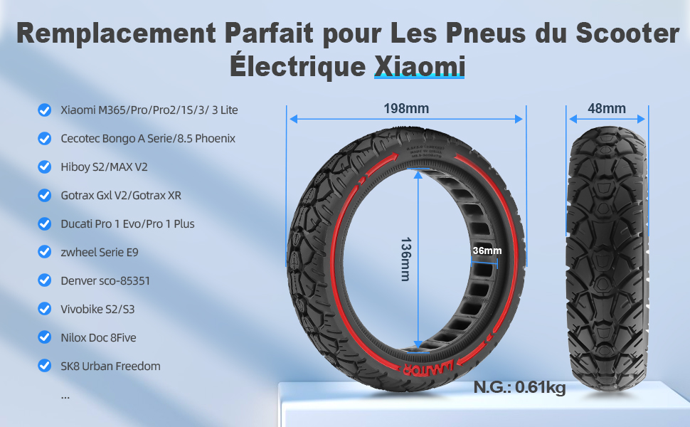 pneus de rechange en caoutchouc 8,5" Solide scooter électrique Xiaomi M365 1S, Pro/Gotrax XR