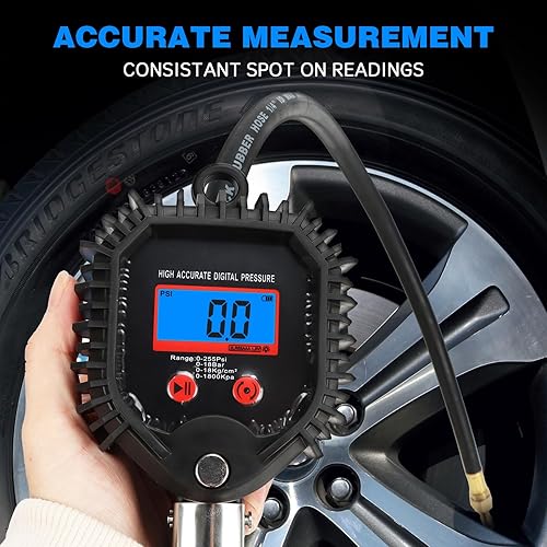 Numérique Manomètre Pression Pneu, 0-255 PSI Gonfleur Pneu Numérique Manometre Testeur Pression Pneu Jauges de Pression des Pneus avec Ecran LCD et Accessoires Buses Divers pour Voitures Motos Vélos - Poukt