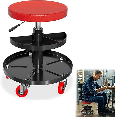 YRHome Tabouret d'atelier avec roulettes - Hauteur réglable de 41 à 51 cm - Siège ergonomique - Diamètre : 30 cm - Tabouret de montage avec roulettes à 360° et 2 plateaux à outils pour outils - 130 kg - Poukt