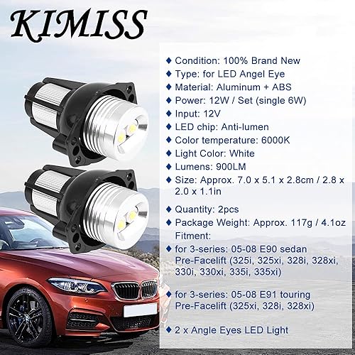 KIMISS 2 pièces 12W Yeux Halo Marker Light, LED ange Yeux halo Lampes de Marquage anneau pour 325i 325xi 328i 328xi 330i 330xi 335i 335xi 325xi 328i 328xi 2005-2008 - Poukt