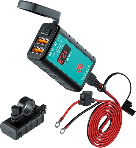 Kriogor Dual USB Prise Moto, IP66 Étanche 3.0 Charge Rapide USB avec Voltmètre 6-30V + on/Off + 1.4m SAE vers Connecteur Torique avec Fusible 10A, Chargeur de Voiture pour Bateau SUV 12V/24V - Poukt