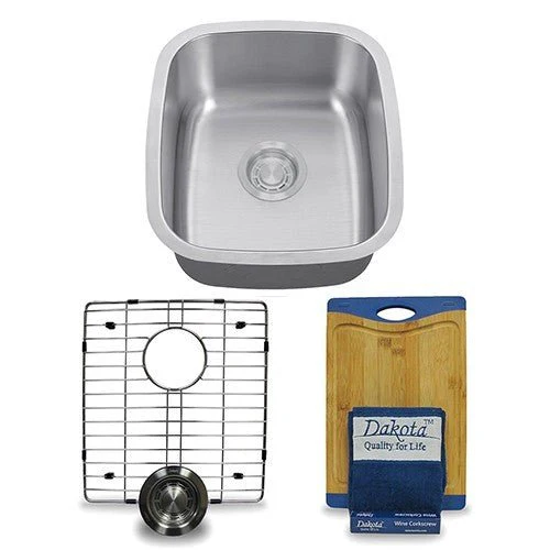 Dakota Sinks DSR-1915 Signature R-Series 18 Inch Standard Radius Single Bowl Undermount Stainless Steel Kitchen Sink with Bottom Grid - Satin Brushed Nickel - Poukt