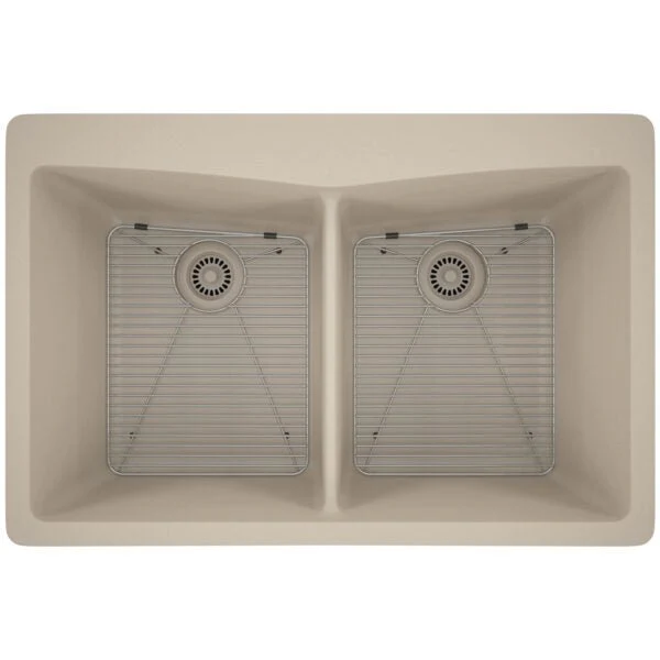 Dakota Sinks GSE-QC5050-W Builders Elements Series 33 Inch Quartz Composite 50/50 Low Divide Double Bowl Undermount Kitchen Sink - Poukt