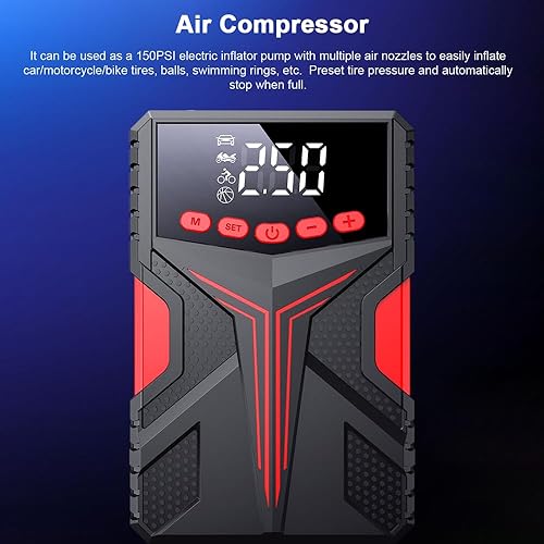 Démarreur multifonctionnel avec compresseur d'air, booster de batterie 2000 A (jusqu'à 6,5 l à essence ou moteurs diesel de 4,0 l) avec fonction de gonfleur de pneu numérique LED 150 PSI - Poukt