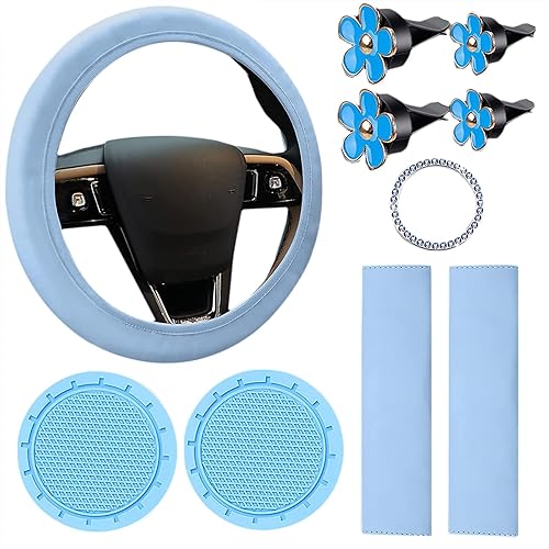 Lot de 10 accessoires de voiture rose, 1 housse de volant pour accessoires de voiture 37 à 38 cm, 2 coussinets d'épaule pour ceinture de sécurité, 2 dessous de verre, 1 autocollant pour bouton de - Poukt