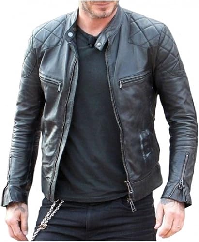 Aksah Fashion S David Beckham Café Racer Veste de moto matelassée en cuir noir pour homme - Poukt