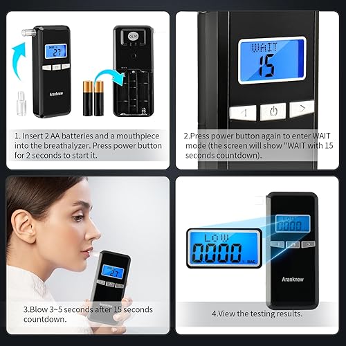 Aranknew Alcootest Ethylotest Electronique, Testeur d'alcool Portable avec écran LCD Bleu Numérique pour Usage Personnel et Professionnel avec 20 Embouts, Mesure Rapide Semi-conducteurs - Poukt