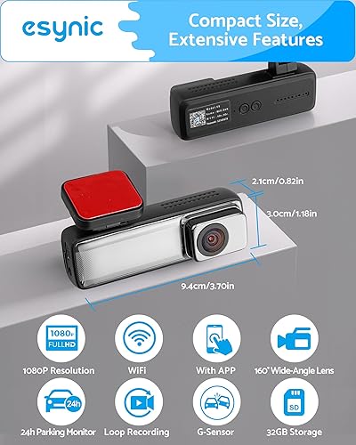 eSynic Dashcam Voiture WiFi avec Carte SD 32 GB Camera Voiture HD 1080P Grand Angle 160° Ouverture F1.8 WDR Enregistrement en Boucle Mode Parking 24h Dashcam avec Câble d'alimentation USB - Poukt