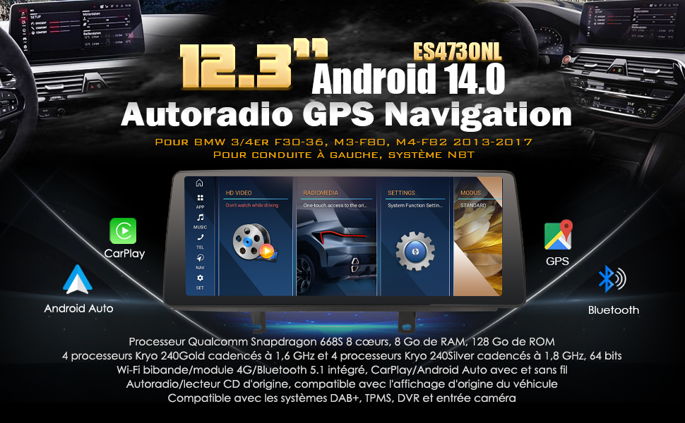 Android 14 Autoradio 1 DIN GPS Écran tactile pour BMW Série 3 F30 F31 F34 Série 4 F32 F33 F36