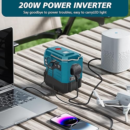 Onduleur de Batterie 200W Compatible avec Makita 18V Batteries, Convertisseur de Puissance, Convertisseur de Tension DC 18V vers AC 220V~230V, avec USB Type-C Prises, Lampe LED 280LM pour Batterie - Poukt