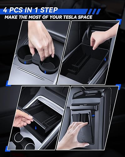 LANTU Lot de 4 accessoires pour Tesla Model Y 2025 Juniper - Organiseur de console centrale - Boîte de rangement pour accoudoir - Boîte cachée et porte-gobelet (flocage) - Poukt