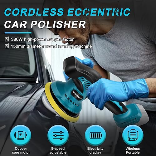 Polisseuse sans fil pour Voiture, 21 V Polisseuse Excentrique avec 2 Batteries, 8 Vitesses Variables, Machine à laver pour le Polissage de la Cire pour Nettoyage, Polissage, Élimination des Rayures - Poukt
