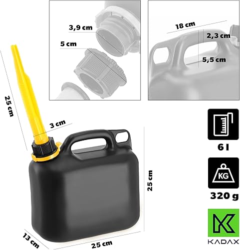 KADAX Bidon de carburant, bidon d'essence avec entonnoir, bidon de réserve pour essence, diesel et autres produits dangereux, bidon en plastique, bidon de rechange, bidon de pulvérisation (6 l noir) - Poukt
