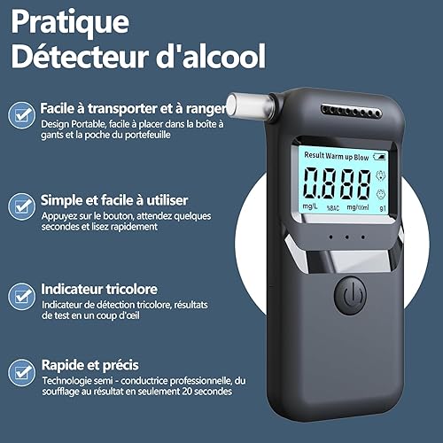 TONOS Ethylotest Electronique, Ethylotest, Ethylotest Electronique Homologué NF avec Affichage Numérique LCD Bleu, Alcotest Professionnel pour Un Usage Domestique ave 20 Embouchures - Poukt