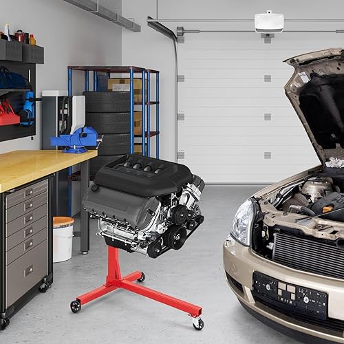 GOPLUS Support Moteur Atelier Levage, Charge 340kg avec Roues, Tête Rotative à 360° et Bras Réglables, Support Moteur en Métal Robuste, pour Garage, Réparation Automobile, Rouge (Forme T) - Poukt