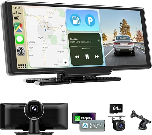 10,26 Pouces Ecran Carplay Voiture avec A-pple Carplay Android Auto sans Fil, Autoradio Bluetooth avec Caméra Avant 4K et Caméra de Recul 1080P HD/FM/AUX/64G TF/Mirror Link/Assistant Vocal/GPS - Poukt