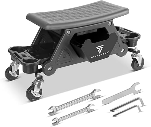 STAHLWERK WRS-185 Tabouret d'atelier avec capacité de charge de 185 kg - Siège d'atelier à roulettes avec tiroir, compartiments de rangement, roulettes pivotantes et support de boîte - Poukt