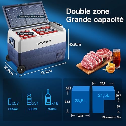 BODEGA Glacière à compresseur 50L, Glaciere Electrique, 12 V/24V et 100-240 V Frigo Camping, -20℃ à 20℃, Double Zone, pour Voiture, Camion, Bateau, Camping-Car Et Prise De Courant - Poukt
