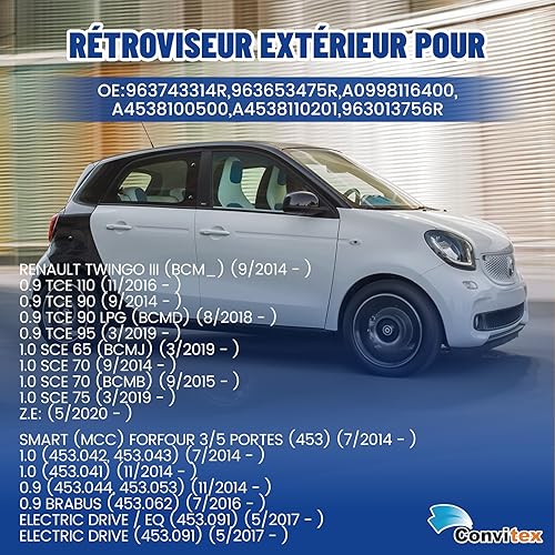 Convitex Rétroviseur extérieur droit électrique chauffant complet pour Twingo 3 2014-2024, Forfour W453 à partir de 2014, avec capteur de température, 7 broches - Poukt