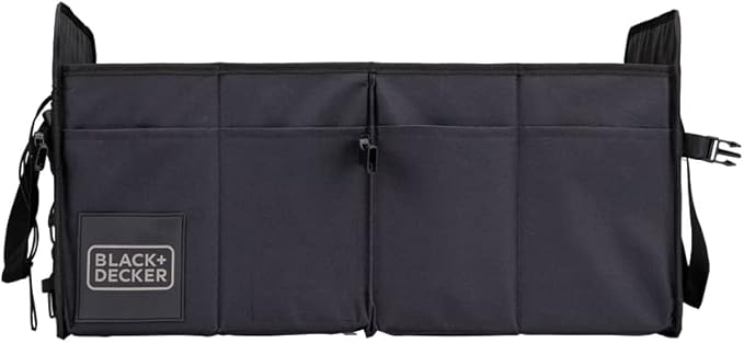 BLACK+DECKER Rangement Coffre de Voiture - Coffre Attelage 59 x 36 x 30 cm - avec 2 Compartiments - Organisateur de Voiture Pliable avec Poignées - Noir - Poukt