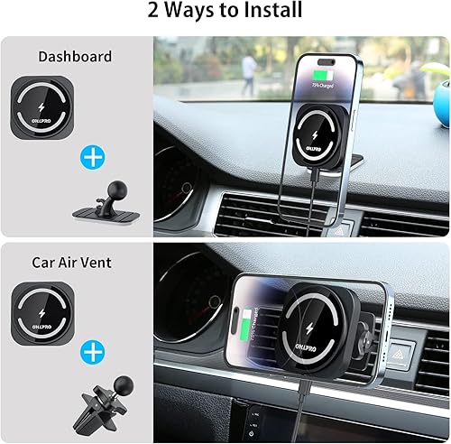 OHLPRO 15W Support Téléphone Compatible Chargeur Voiture Magsafe et iPhone 15/14/13/12 Pro Max Mini, Support Téléphone Voiture Magnétique avec Support de Tableau de Bord et Clip D'aération - Poukt