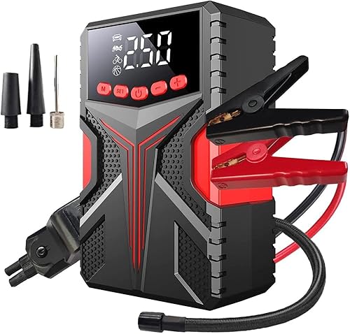 Démarreur multifonctionnel avec compresseur d'air, booster de batterie 2000 A (jusqu'à 6,5 l à essence ou moteurs diesel de 4,0 l) avec fonction de gonfleur de pneu numérique LED 150 PSI - Poukt