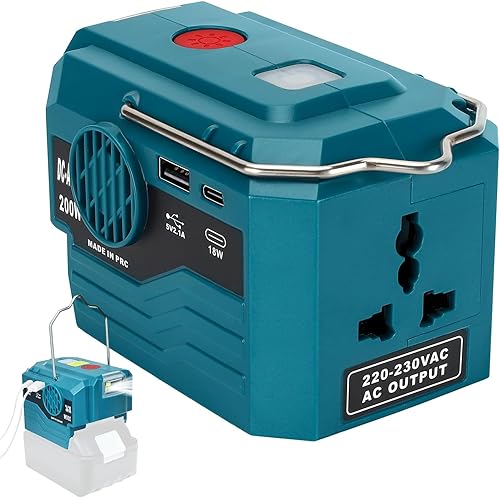Onduleur de Batterie 200W Compatible avec Makita 18V Batteries, Convertisseur de Puissance, Convertisseur de Tension DC 18V vers AC 220V~230V, avec USB Type-C Prises, Lampe LED 280LM pour Batterie - Poukt