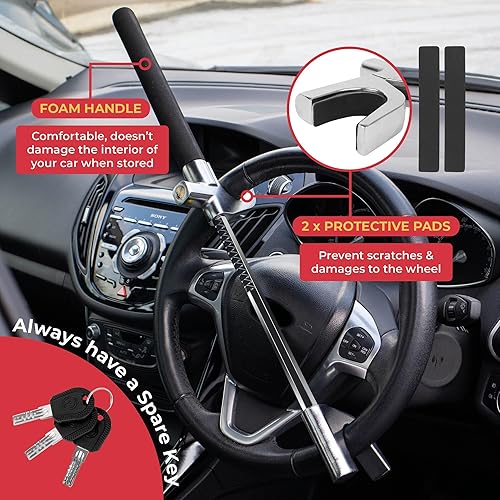 GADLANE Antivol Voiture Volant Rétractable - Dissuasif Universel, Canne Antivol Voiture, Bloque Volant pour Van/Camionnette/Caravane/Camion/SUV (Marteau de Secours Inclus) - Avec 3 Clés (Noir) - Poukt