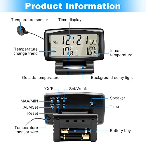 Thermometre interieur exterieur pour voiture, Horloge de Température de Voiture, Affichage Numérique, Intérieur et Extérieur Double Température Mesure Outil avec Rétro-éclairé Fonction - Poukt